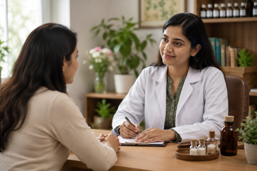 Female doctor in a white coat sits across from a patient at a wooden desk, taking notes during a consultation in a clinic setting.
